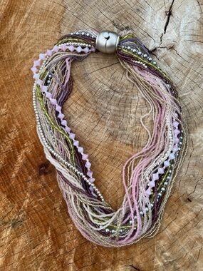 Project Multistrand chunky Pink/Green/silver Beaded Statement Necklace